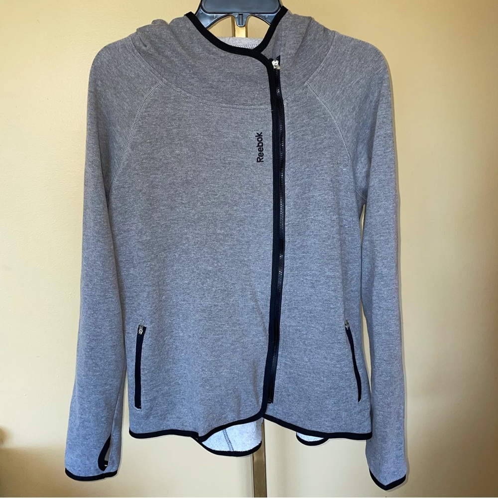 Reebok Gray & Black Hooded Hoodie Side Zip Front Moto Jacket